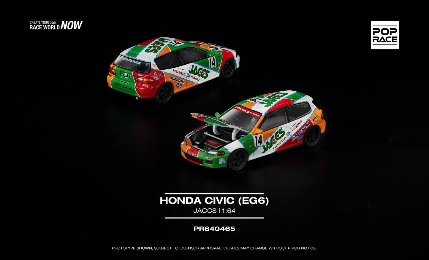 POP Race Honda Civic EG6 JACCS touring car opening hood diecast 1:64