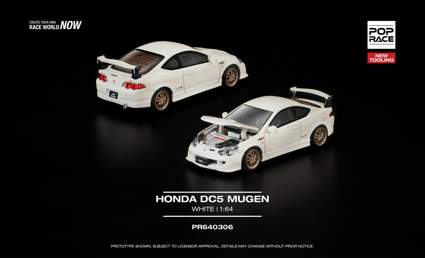 POP Race 1:64 Honda Integra DC5 Mugen white opening hood detailed engine diecast model