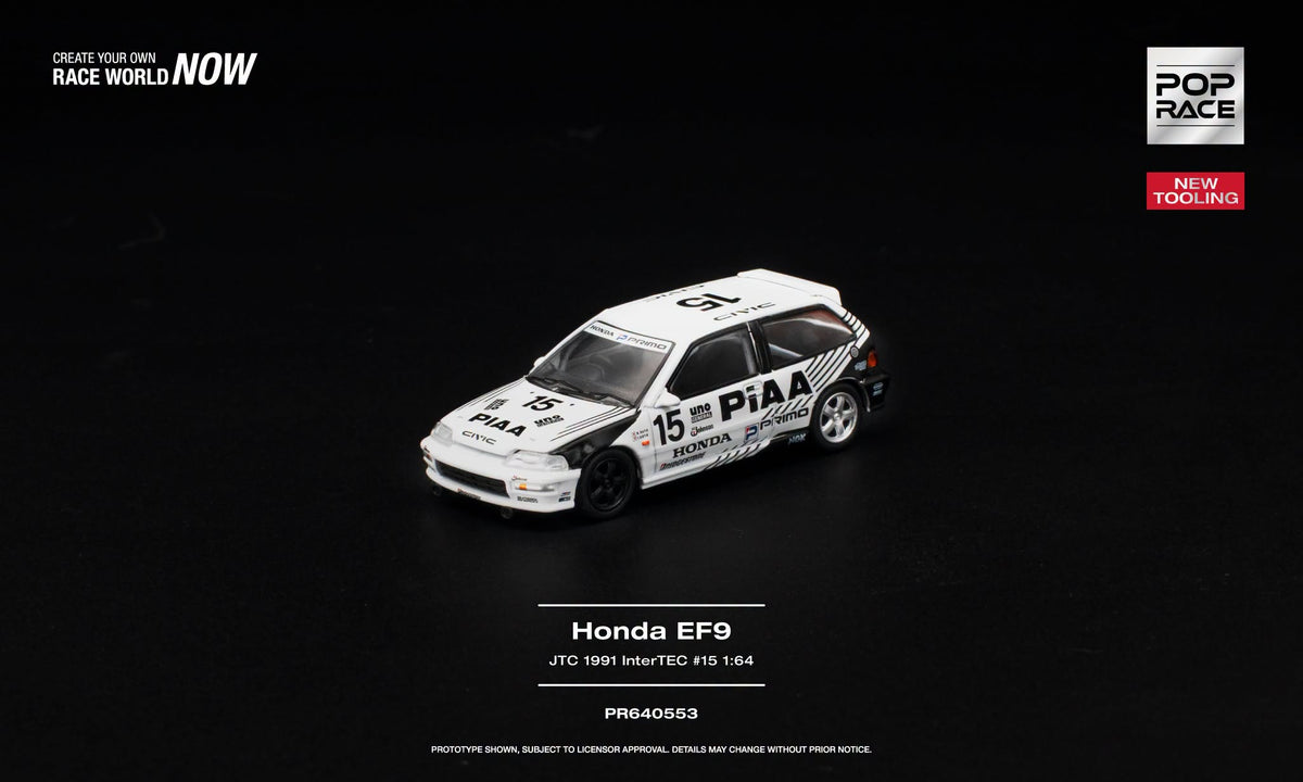 POP Race 1:64 Honda Civic EF9 #15 PIAA JTC 1991 InterTEC with opening hood and detailed engine.
