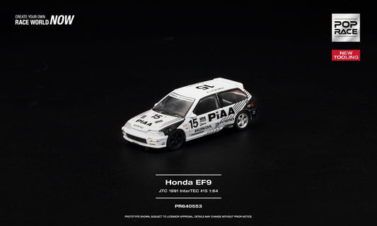 POP Race 1:64 Honda Civic EF9 #15 PIAA JTC 1991 InterTEC with opening hood and detailed engine.