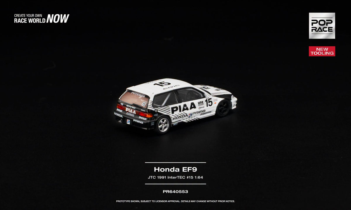 POP Race 1:64 Honda Civic EF9 #15 PIAA JTC 1991 InterTEC with opening hood and detailed engine.