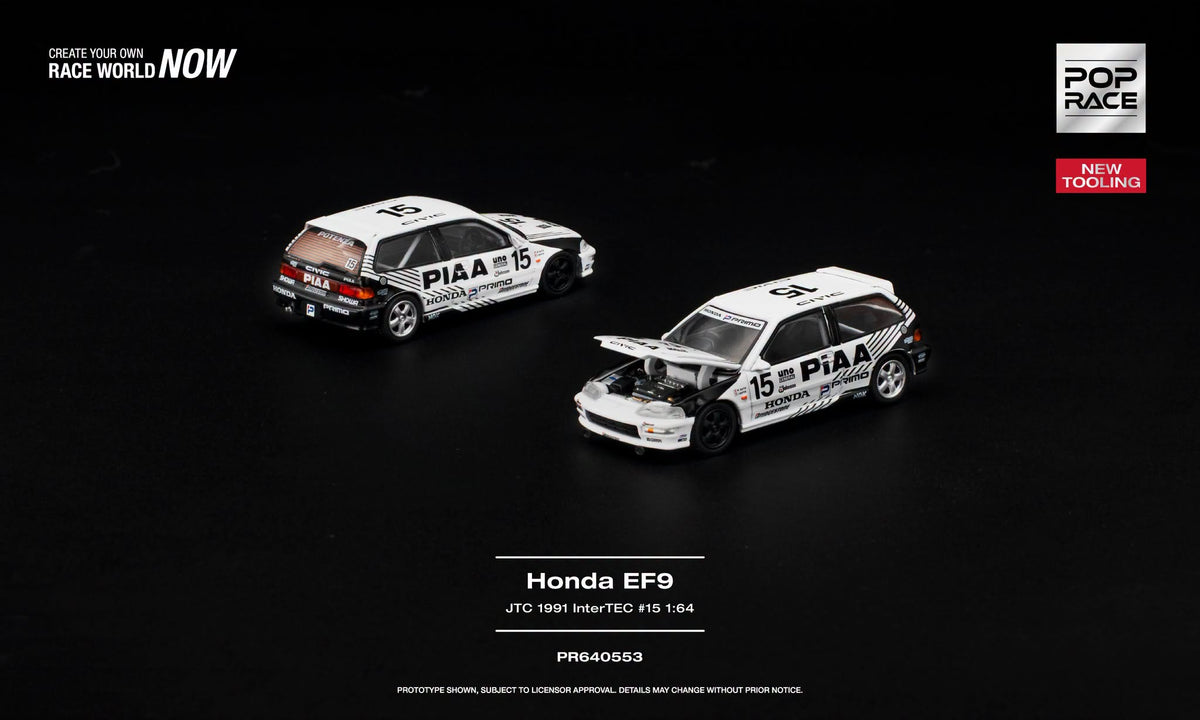 POP Race 1:64 Honda Civic EF9 #15 PIAA JTC 1991 InterTEC with opening hood and detailed engine.