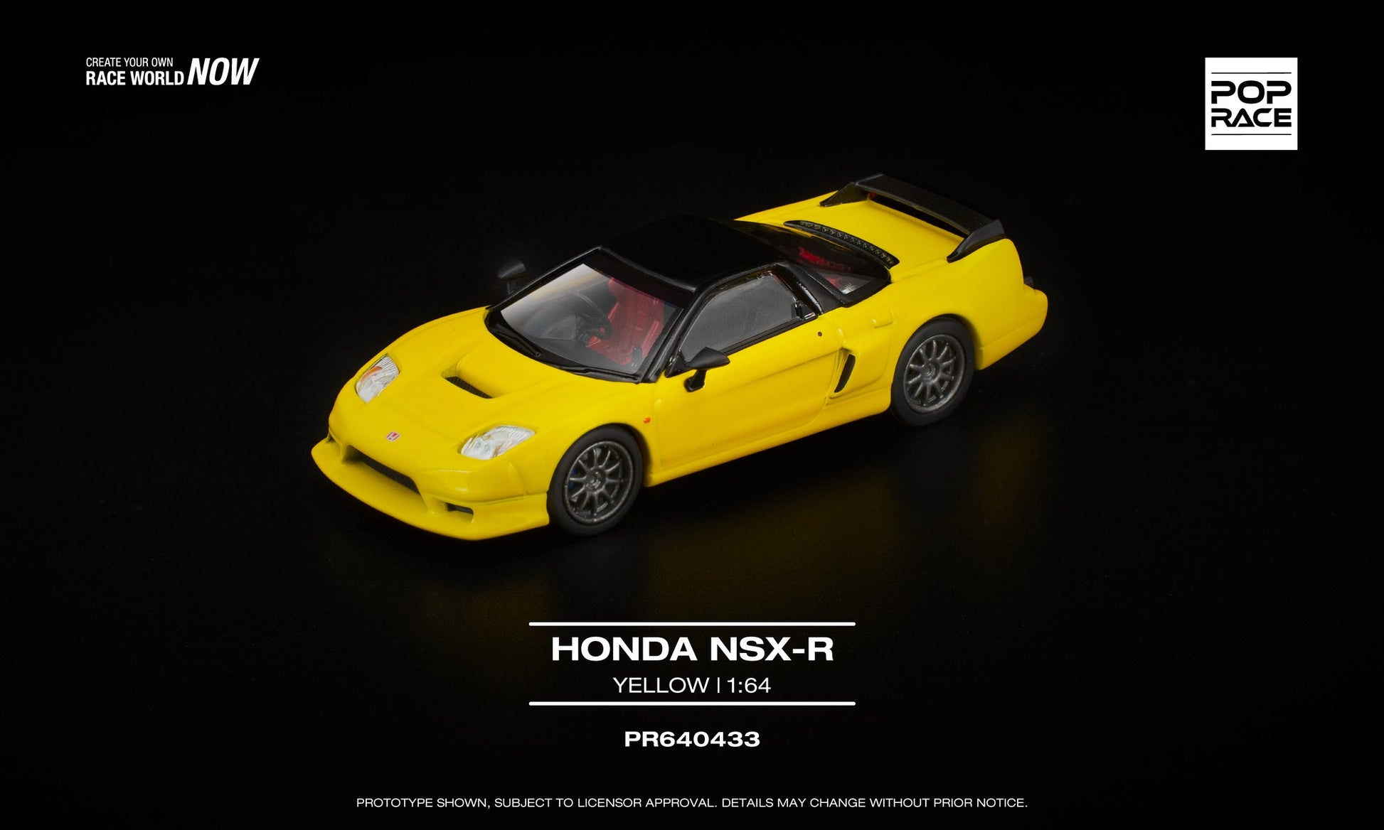 POP Race 1:64 Honda NSX-R Yellow, showing post-facelift NA2 body, bright yellow livery with black accents, and two opening parts revealing detailed engine. Front