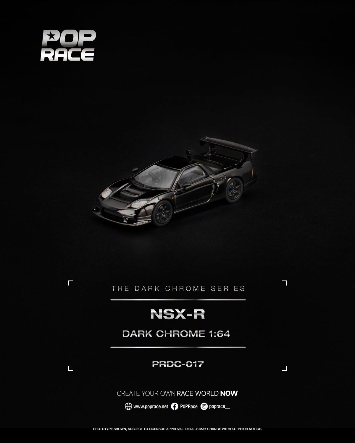 POP Race Honda NSX-R Dark Chrome Series with dual opening rear hatches and detailed engine in 1:64 scale.