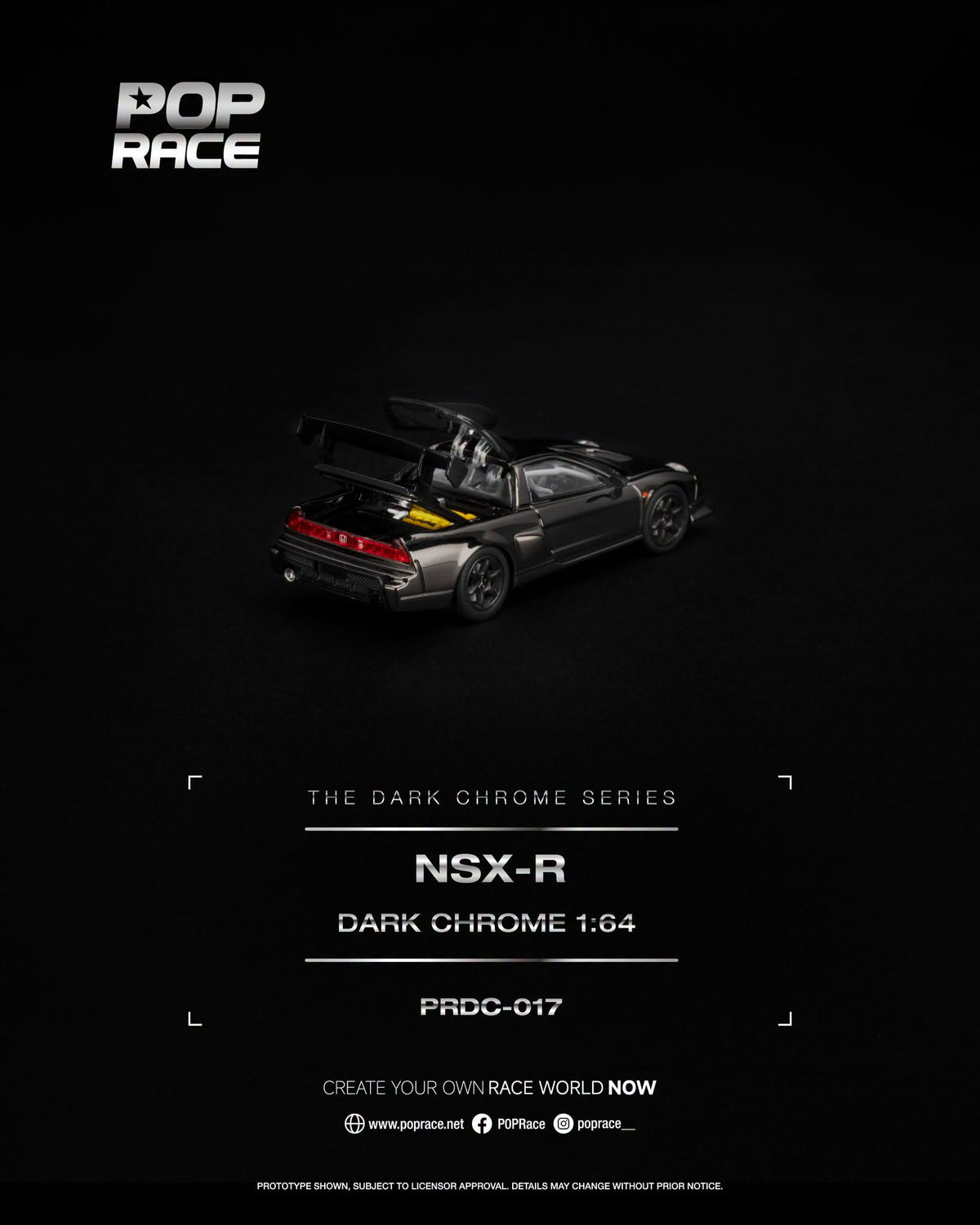 POP Race Honda NSX-R Dark Chrome Series with dual opening rear hatches and detailed engine in 1:64 scale.
