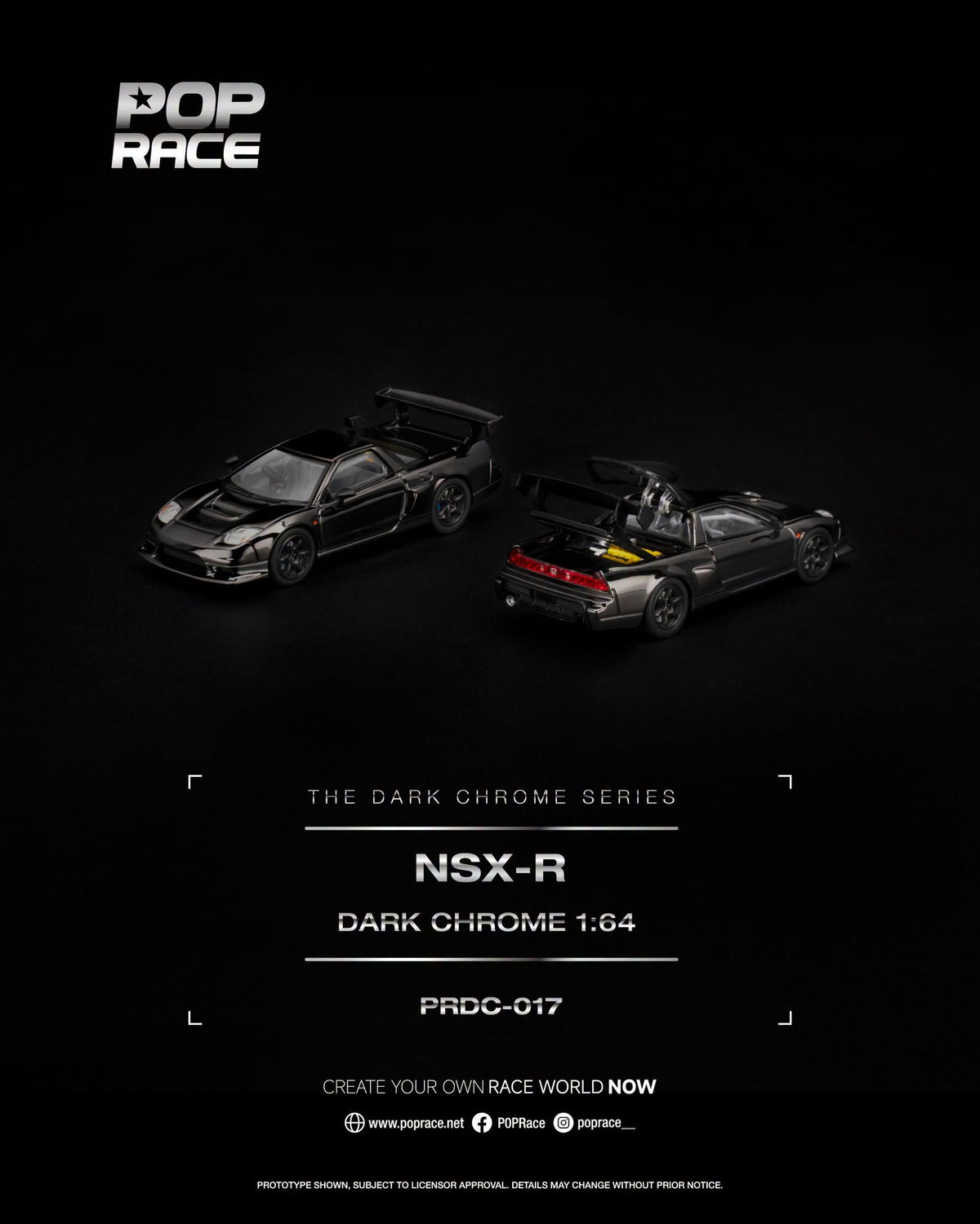 POP Race Honda NSX-R Dark Chrome Series with dual opening rear hatches and detailed engine in 1:64 scale.