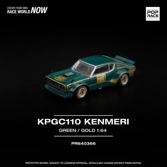 1:64 POP Race KPGC110 Kenmeri in metallic green with gold accents and retro styling. Front