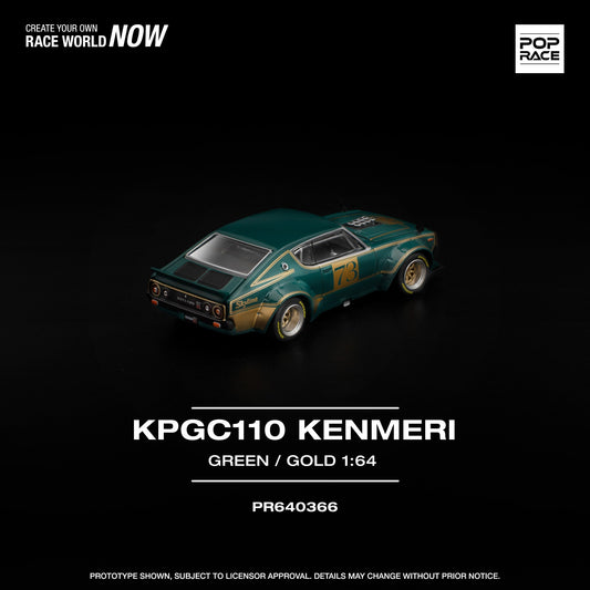 1:64 POP Race KPGC110 Kenmeri in metallic green with gold accents and retro styling. Back