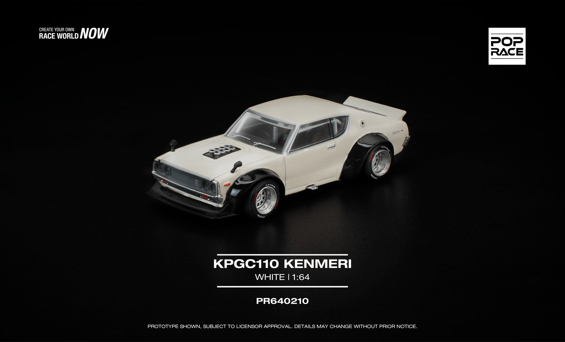 POP Race 1:64 Nissan Skyline Kenmeri KPGC110 white widebody opening hood detailed engine model. Front