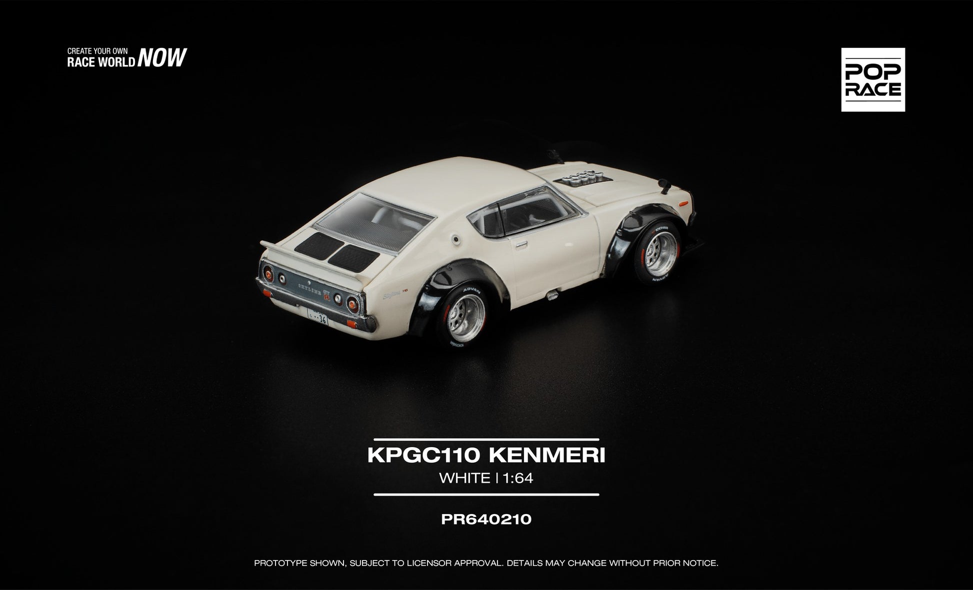 POP Race 1:64 Nissan Skyline Kenmeri KPGC110 white widebody opening hood detailed engine model. Back