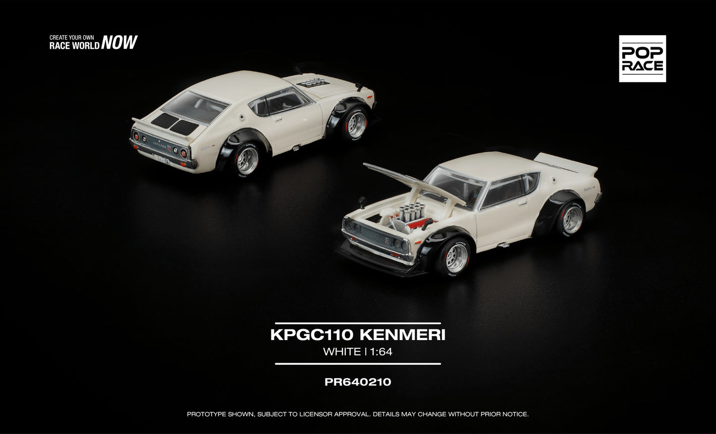 POP Race 1:64 Nissan Skyline Kenmeri KPGC110 white widebody opening hood detailed engine model