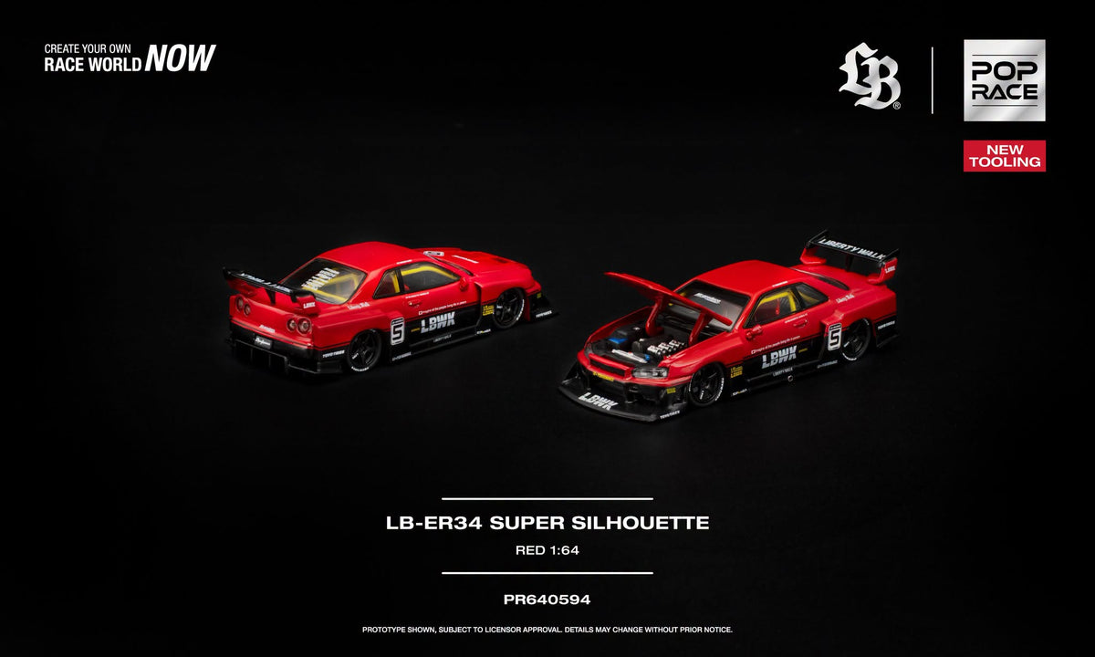 POP Race LB-ER34 Super Silhouette Red new tooling with opening hood and detailed engine in 1:64 scale.