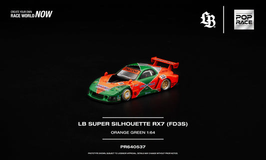 POP Race 1:64 LB Super Silhouette Mazda RX-7 FD3S in orange and green 787B-inspired livery with opening hood.