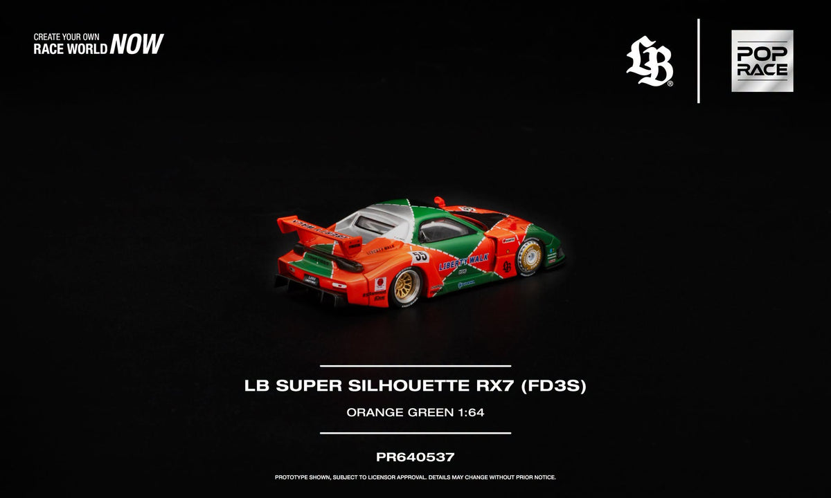 POP Race 1:64 LB Super Silhouette Mazda RX-7 FD3S in orange and green 787B-inspired livery with opening hood.