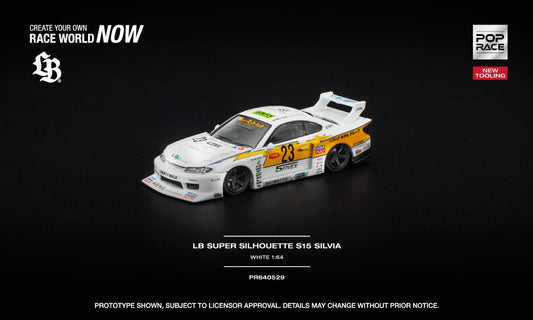 POP Race Nissan Silvia S15 LB Super Silhouette in white and orange with opening hood. Front
