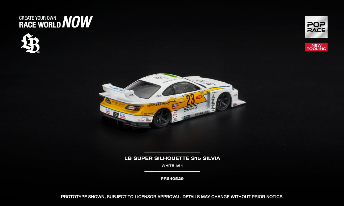 POP Race Nissan Silvia S15 LB Super Silhouette in white and orange with opening hood. Back