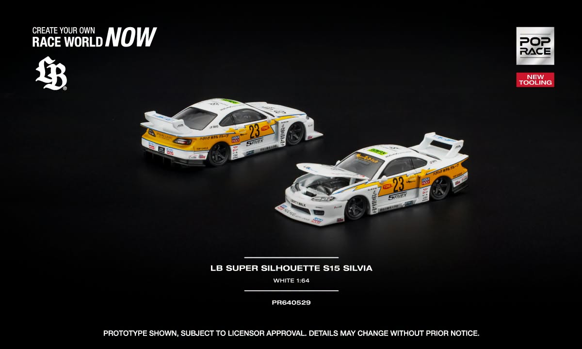 POP Race Nissan Silvia S15 LB Super Silhouette in white and orange with opening hood.