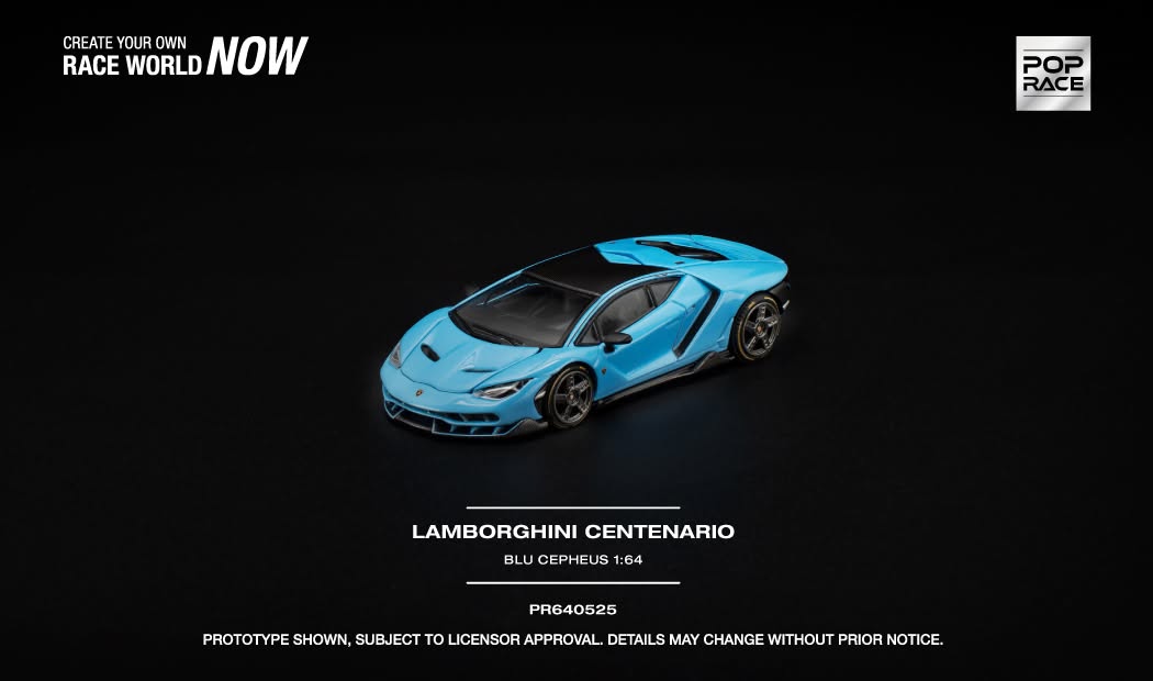 POP Race Lamborghini Centenario in Blue Cepheus with opening front compartment and removable rear engine cover. Front