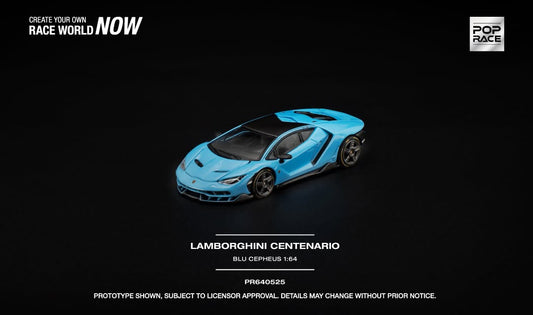 POP Race Lamborghini Centenario in Blue Cepheus with opening front compartment and removable rear engine cover. Front