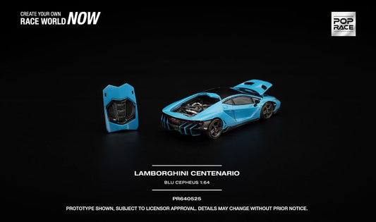 POP Race Lamborghini Centenario in Blue Cepheus with opening front compartment and removable rear engine cover. Back