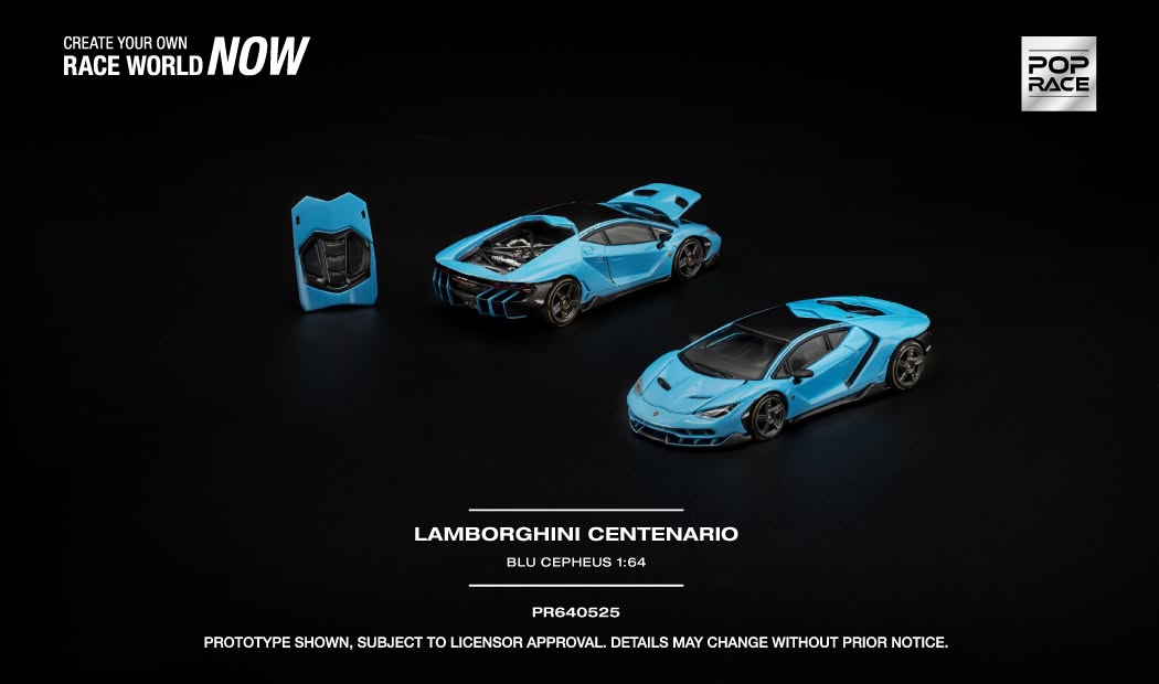 POP Race Lamborghini Centenario in Blue Cepheus with opening front compartment and removable rear engine cover.