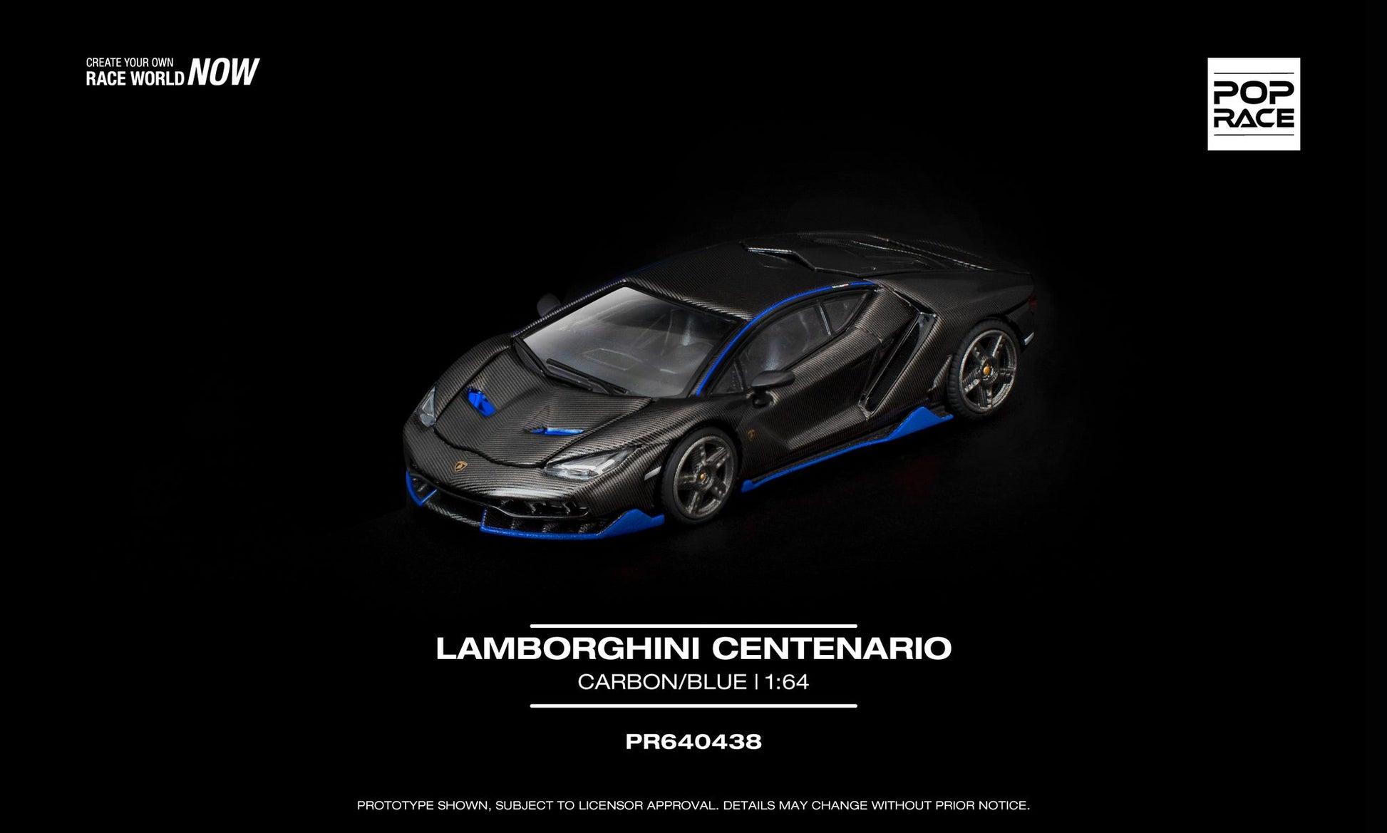 POP Race 1:64 Lamborghini Centenario in carbon fiber and blue with removable engine cover. Front