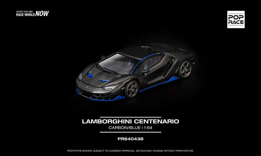 POP Race 1:64 Lamborghini Centenario in carbon fiber and blue with removable engine cover. Front