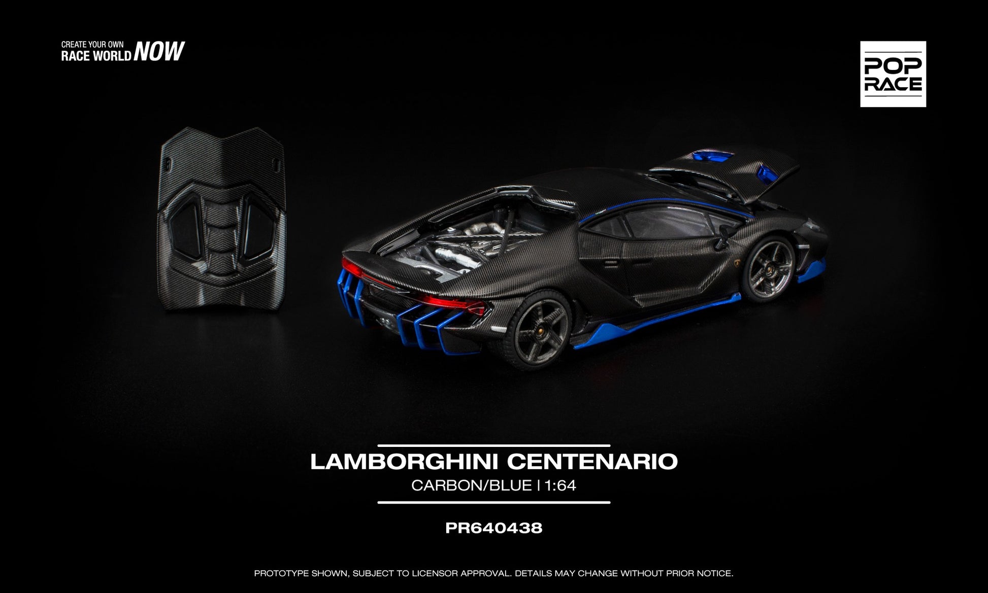 POP Race 1:64 Lamborghini Centenario in carbon fiber and blue with removable engine cover. Back
