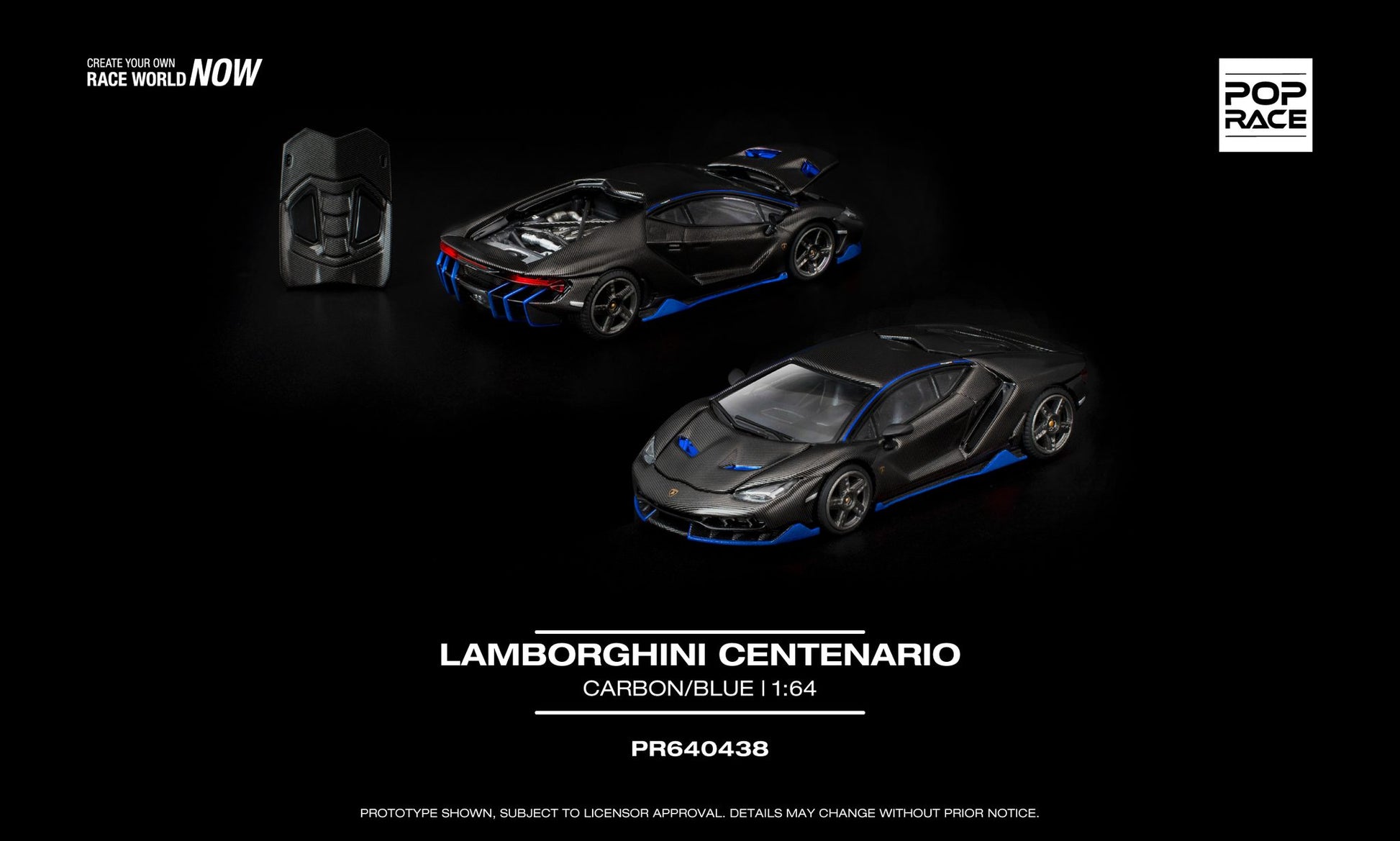 POP Race 1:64 Lamborghini Centenario in carbon fiber and blue with removable engine cover.