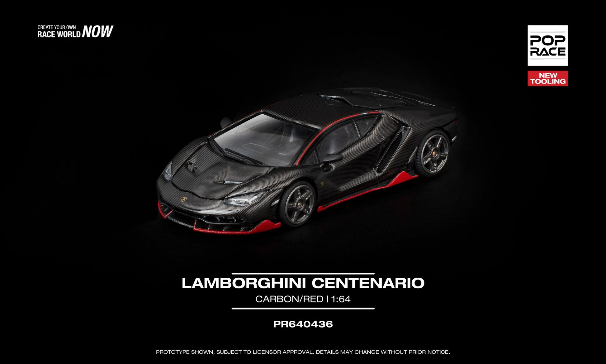 1:64 POP Race Lamborghini Centenario Carbon/Red – carbon-effect die-cast hypercar with opening engine cover. Front