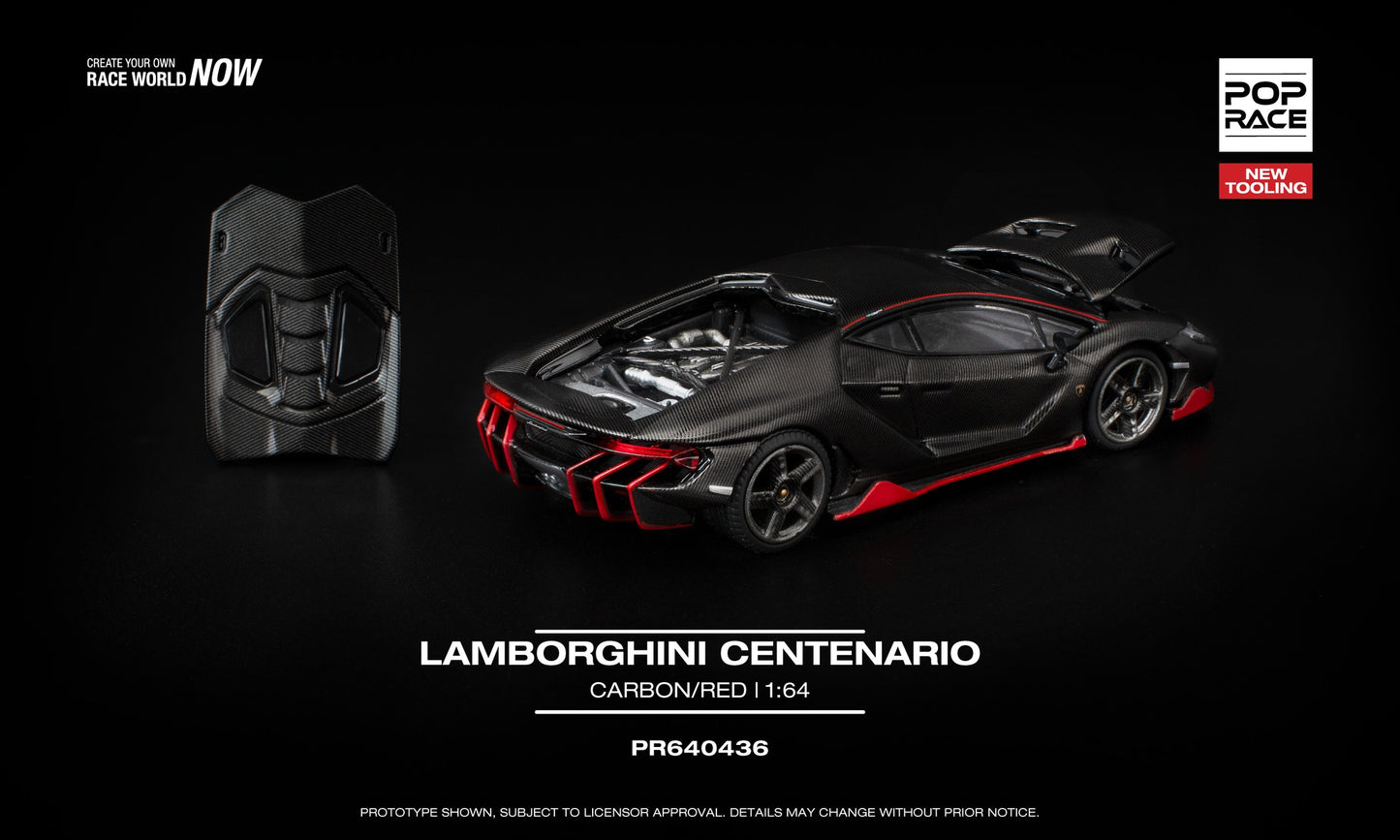 1:64 POP Race Lamborghini Centenario Carbon/Red – carbon-effect die-cast hypercar with opening engine cover. Back