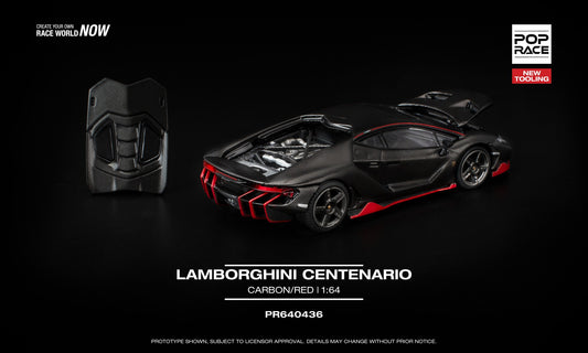 1:64 POP Race Lamborghini Centenario Carbon/Red – carbon-effect die-cast hypercar with opening engine cover. Back