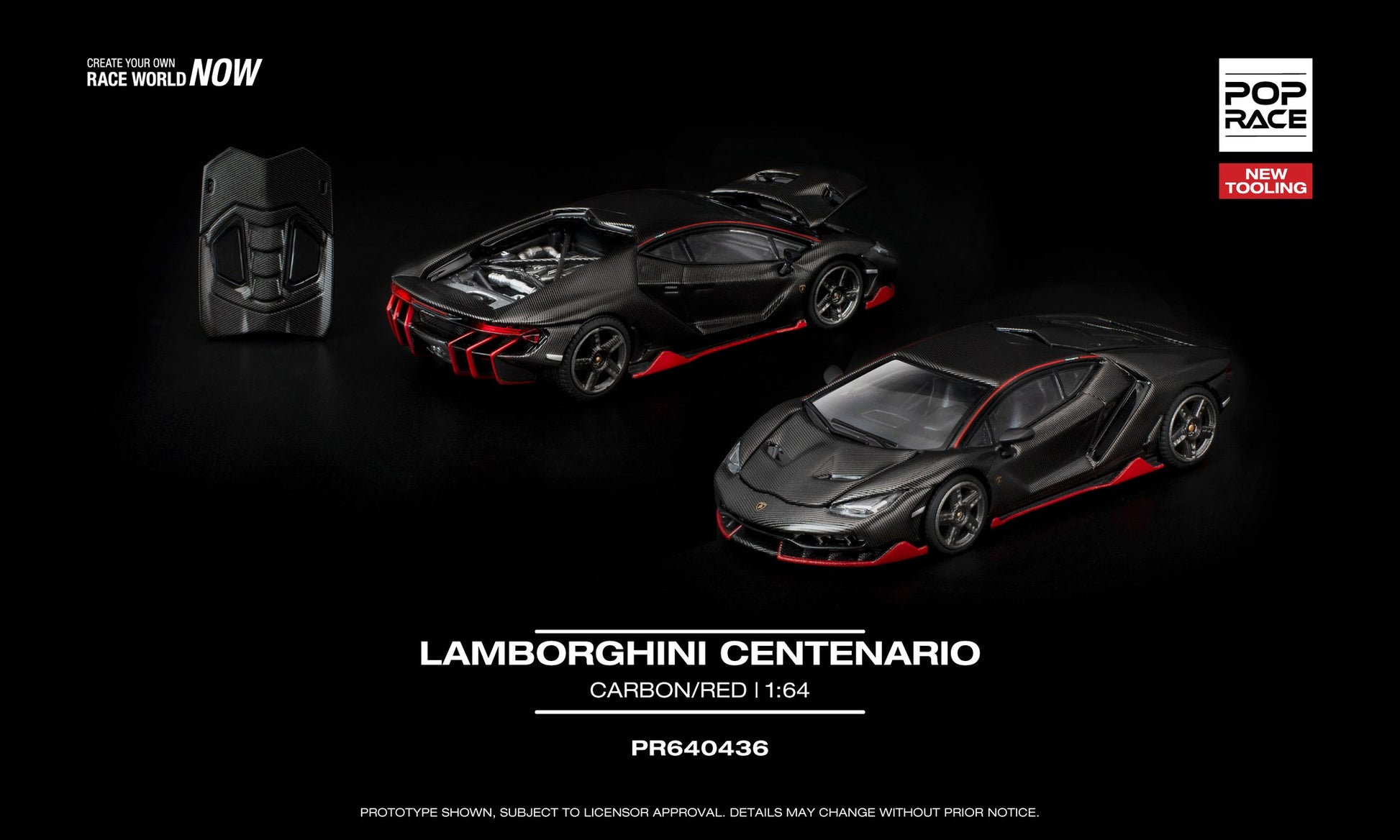 1:64 POP Race Lamborghini Centenario Carbon/Red – carbon-effect die-cast hypercar with opening engine cover.