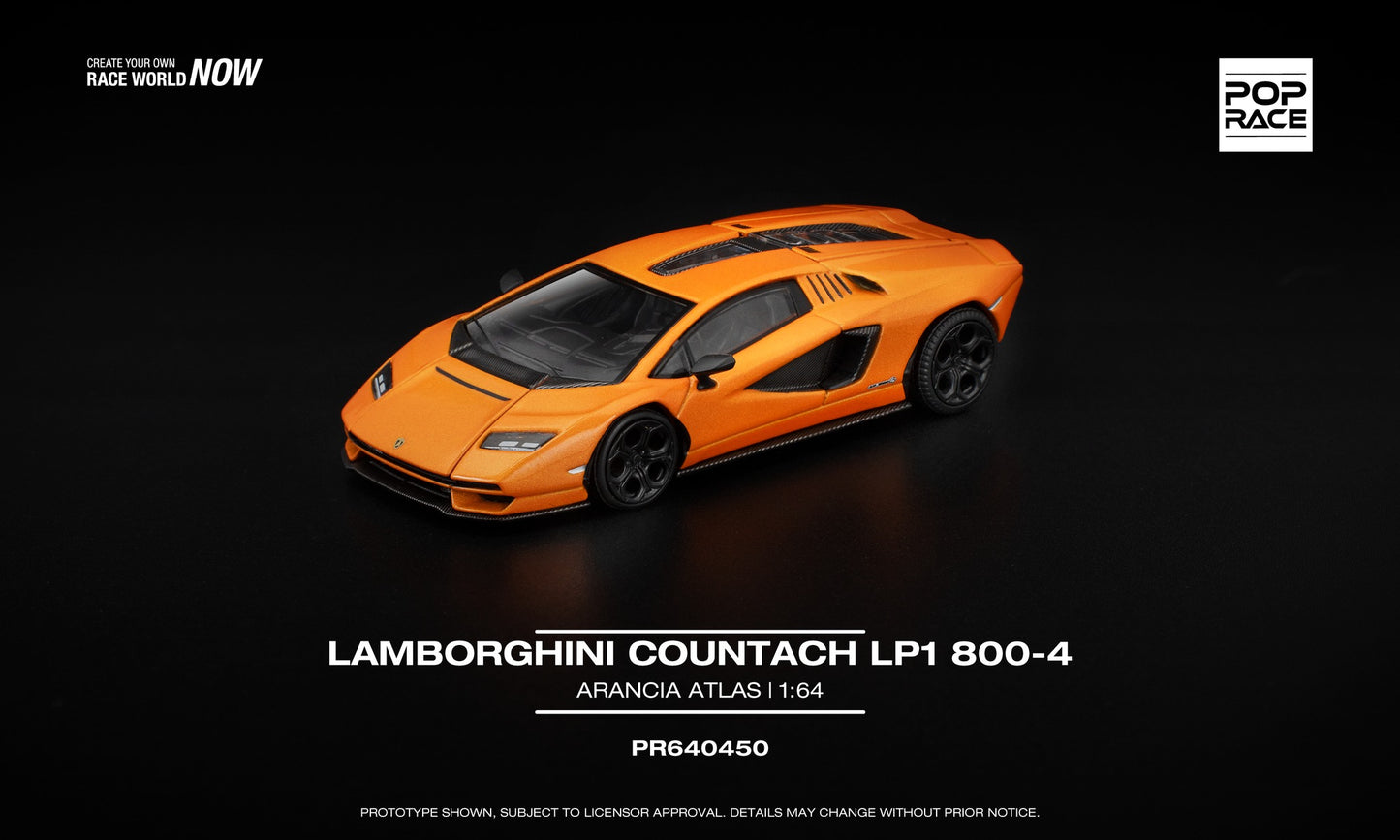 1:64 POP Race Lamborghini Countach LP1 800-4 Arancia Atlas – orange die-cast model with opening parts and detailed engine. Front