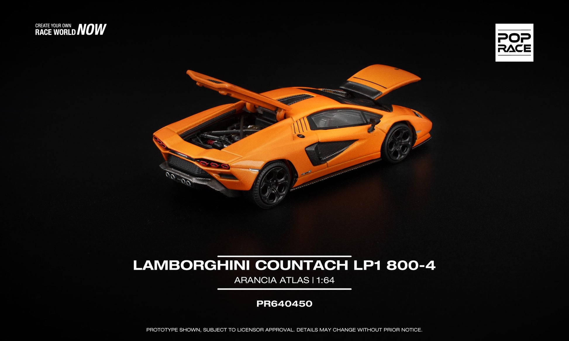 1:64 POP Race Lamborghini Countach LP1 800-4 Arancia Atlas – orange die-cast model with opening parts and detailed engine. Back