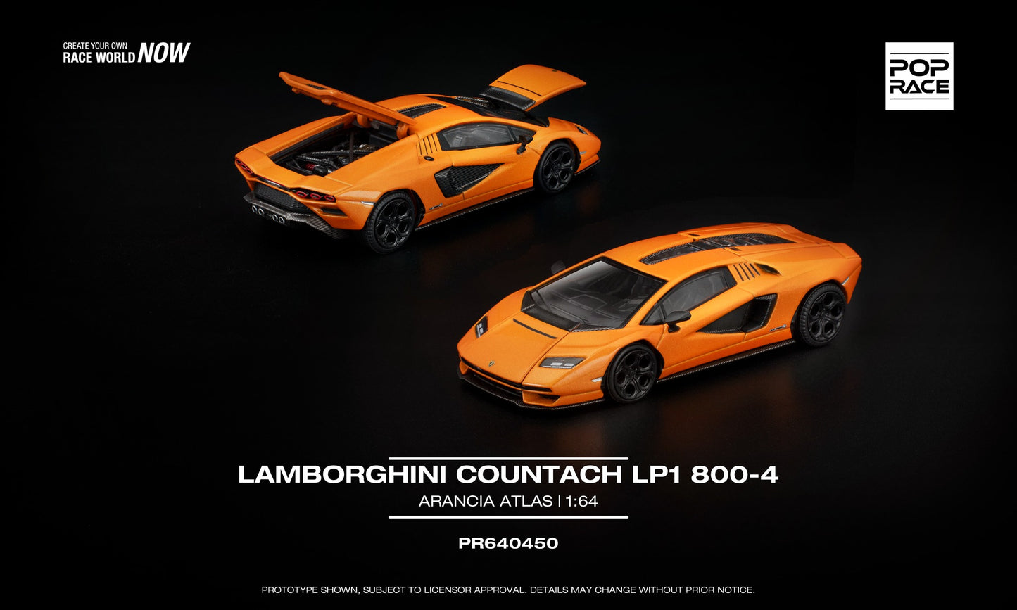 1:64 POP Race Lamborghini Countach LP1 800-4 Arancia Atlas – orange die-cast model with opening parts and detailed engine.