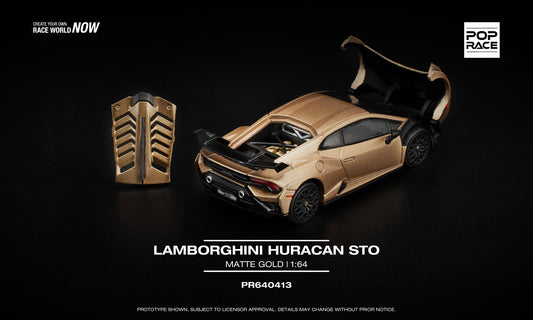 POP Race 1:64 Lamborghini Huracan STO Matte Gold with opening front hood and removable engine cover showing detailed mechanics. Back