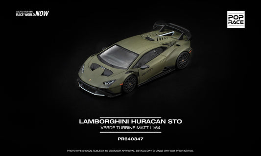 1:64 POP Race Lamborghini Huracán STO Verde Turbine matte with opening parts and detailed engine. Front
