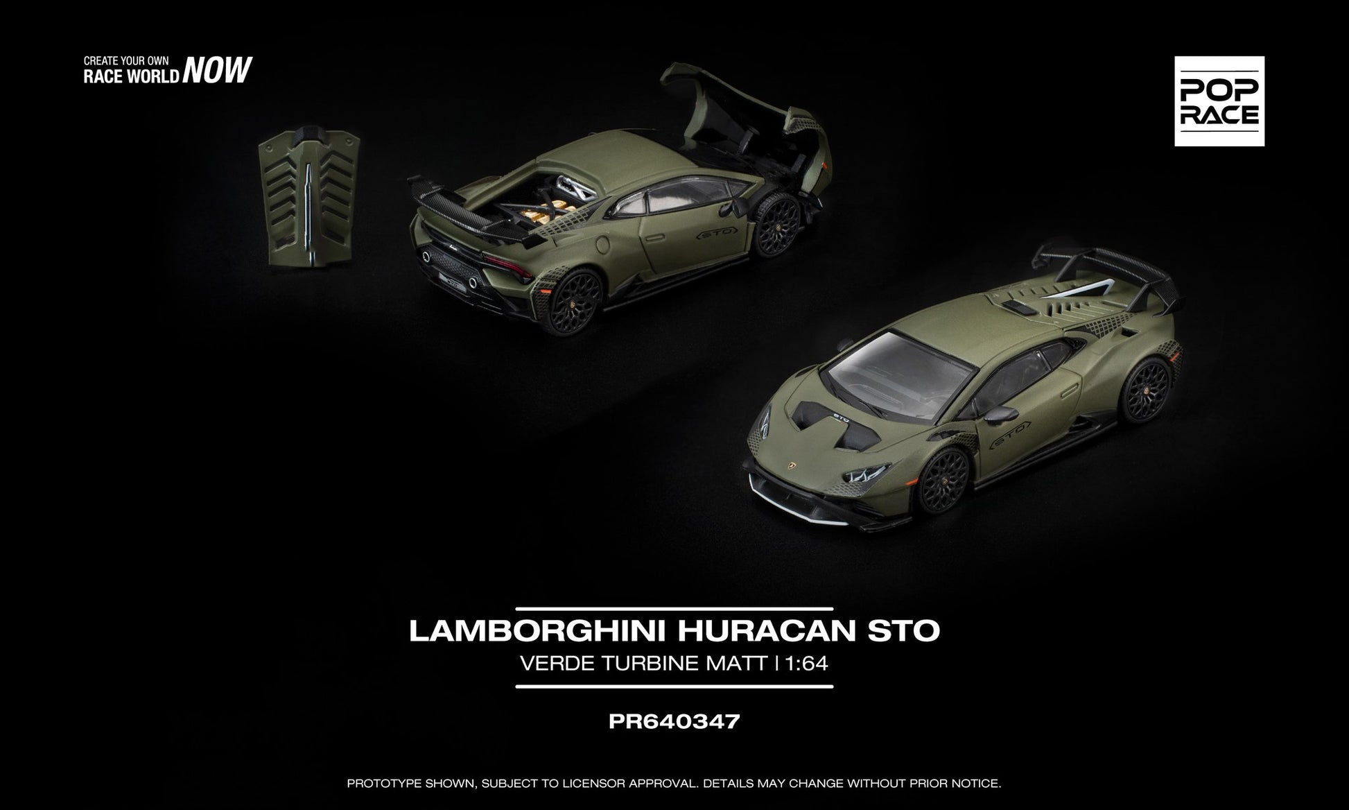 1:64 POP Race Lamborghini Huracán STO Verde Turbine matte with opening parts and detailed engine.