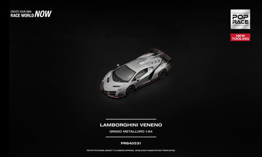 POP Race Lamborghini Veneno Grigio Metalluro new tooling with opening rear cover and detailed engine in 1:64 scale.