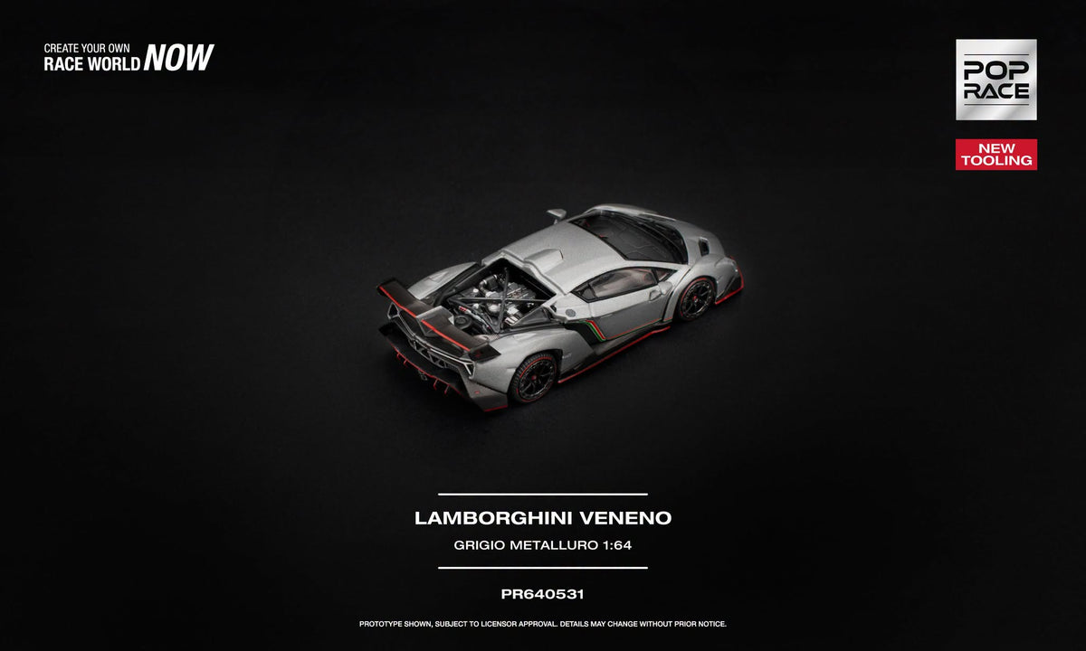 POP Race Lamborghini Veneno Grigio Metalluro new tooling with opening rear cover and detailed engine in 1:64 scale.