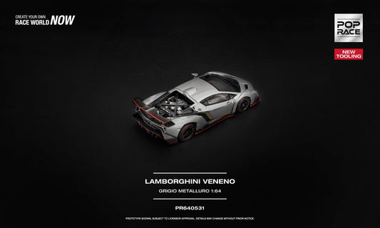 POP Race Lamborghini Veneno Grigio Metalluro new tooling with opening rear cover and detailed engine in 1:64 scale.