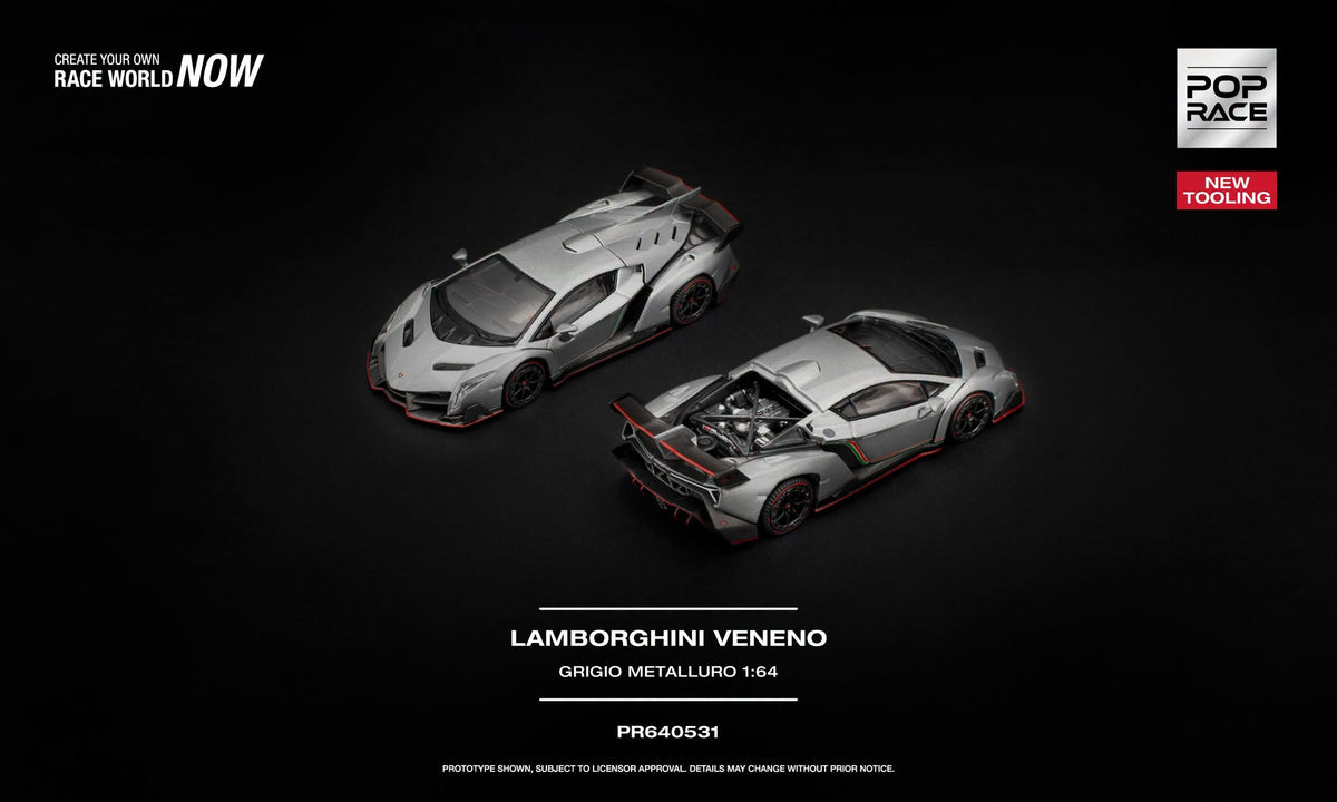 POP Race Lamborghini Veneno Grigio Metalluro new tooling with opening rear cover and detailed engine in 1:64 scale.