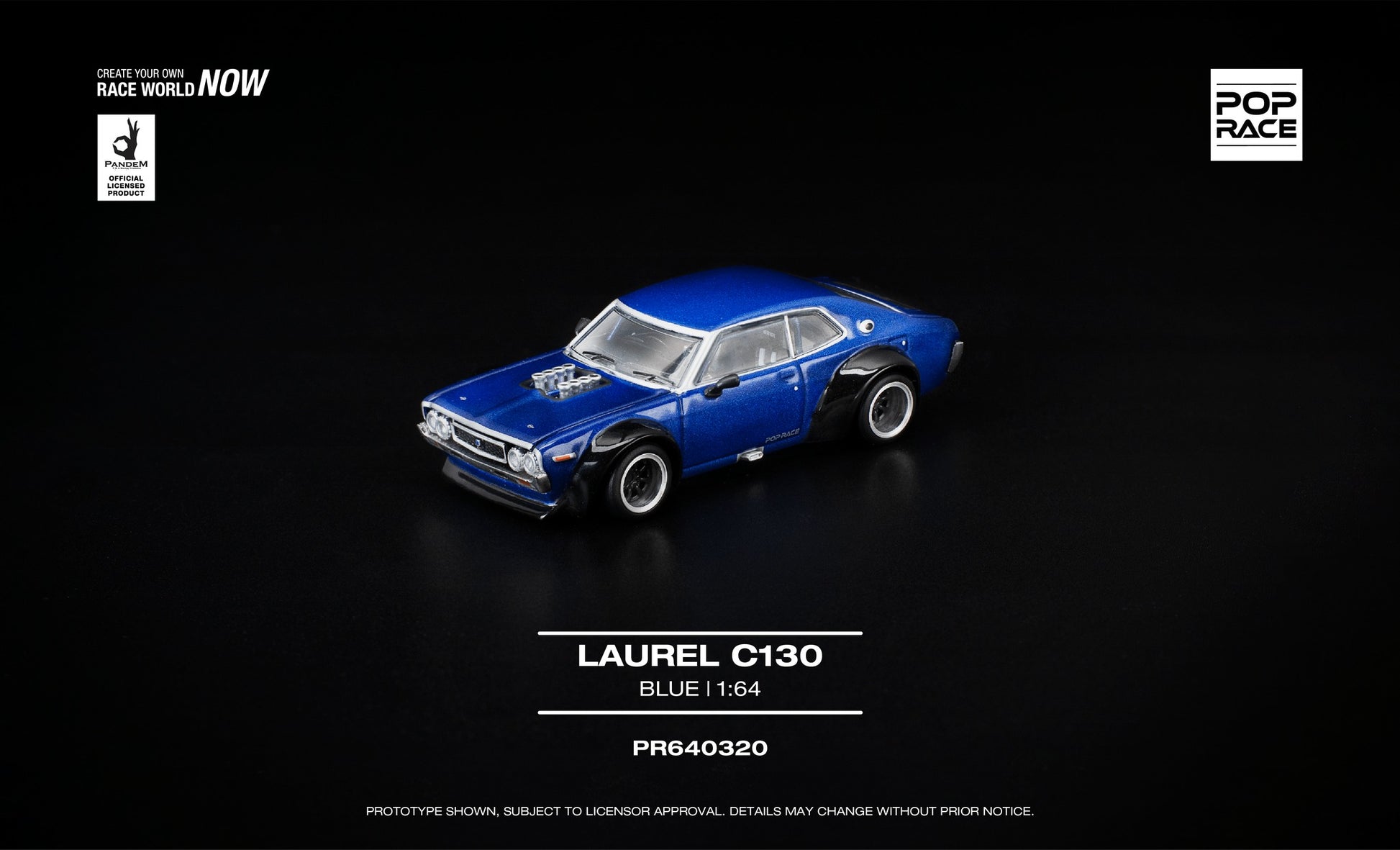 POP Race Nissan Laurel C130 blue opening hood boot detailed engine diecast 1:64. Front