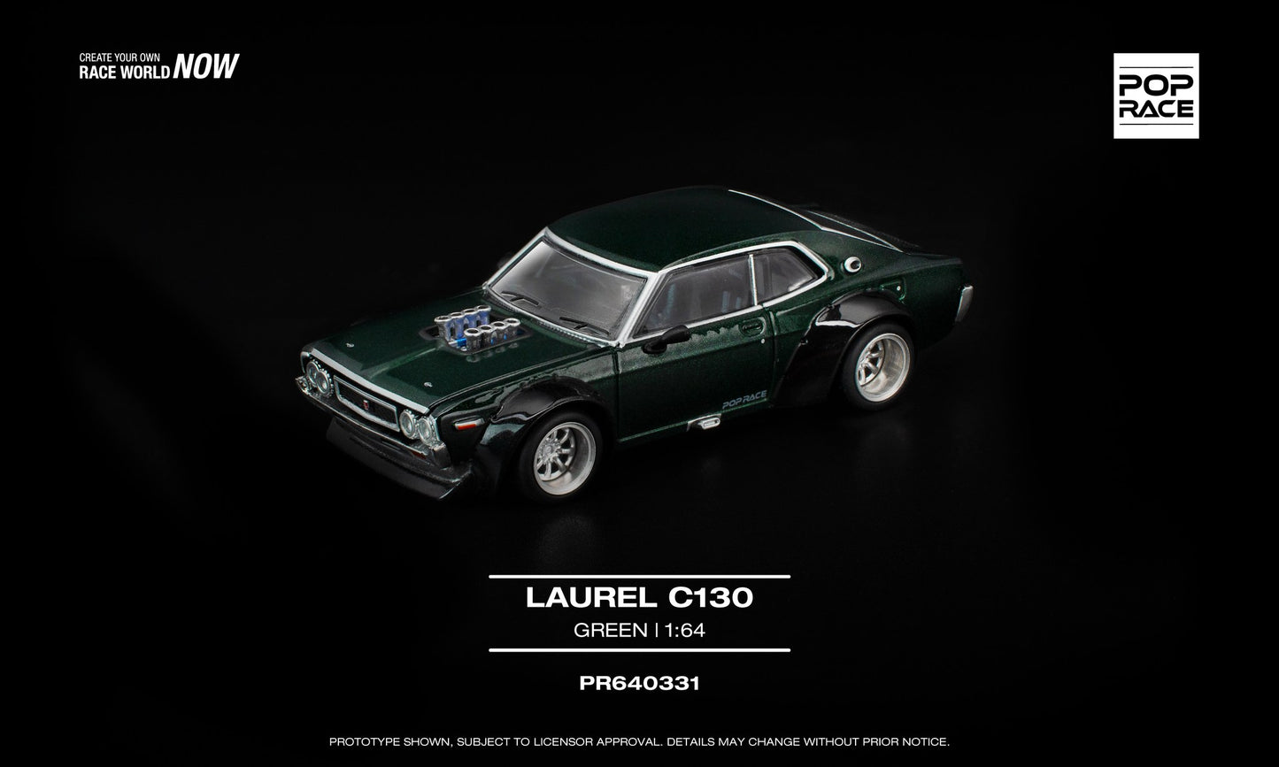 1:64 POP Race Laurel C130 Green with opening front and trunk, V8 drift replica model. Front