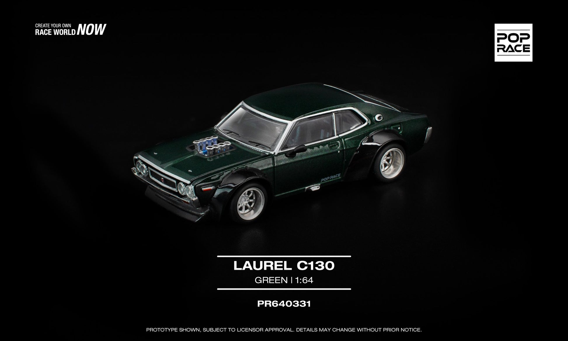1:64 POP Race Laurel C130 Green with opening front and trunk, V8 drift replica model. Front