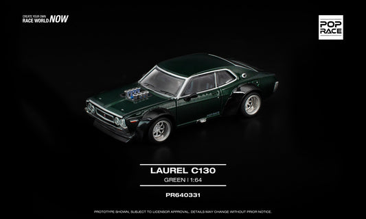 1:64 POP Race Laurel C130 Green with opening front and trunk, V8 drift replica model. Front
