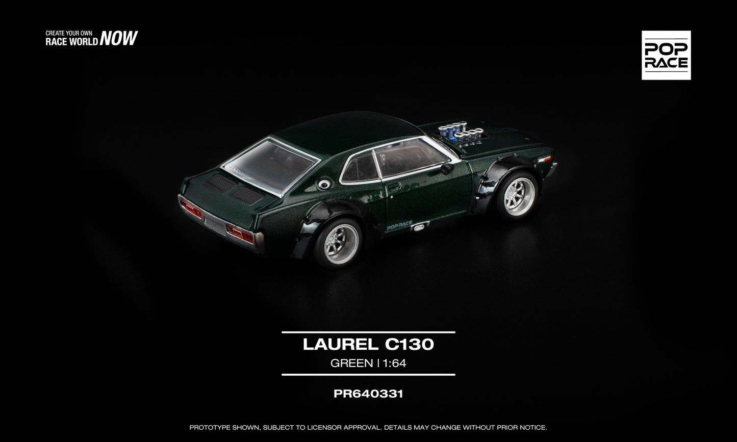 1:64 POP Race Laurel C130 Green with opening front and trunk, V8 drift replica model. Back