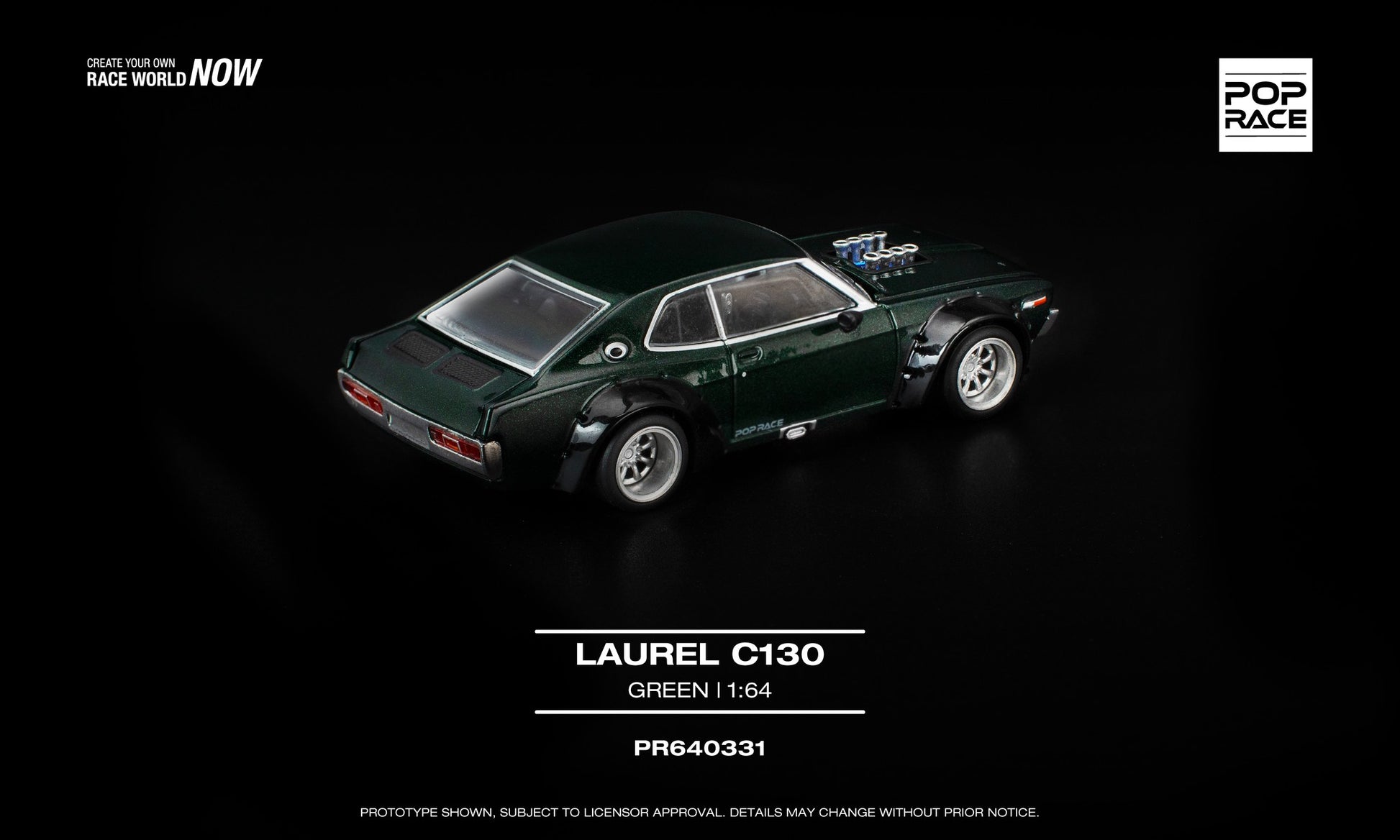 1:64 POP Race Laurel C130 Green with opening front and trunk, V8 drift replica model. Back