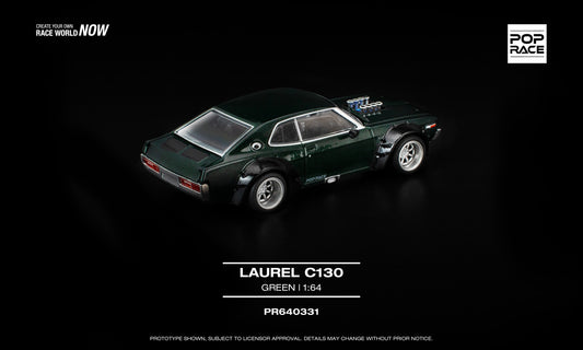 1:64 POP Race Laurel C130 Green with opening front and trunk, V8 drift replica model. Back